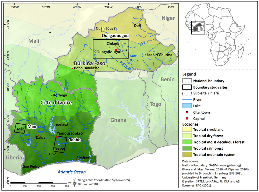Carte géographique du Burkina Faso et la Cote d'Ivoire