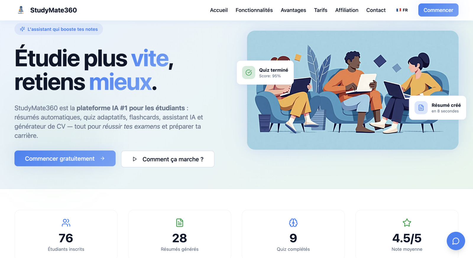 Capture d'écran de l'interface StudyMate360 synthétisant les fonctionnalités éducatives et professionnelles.